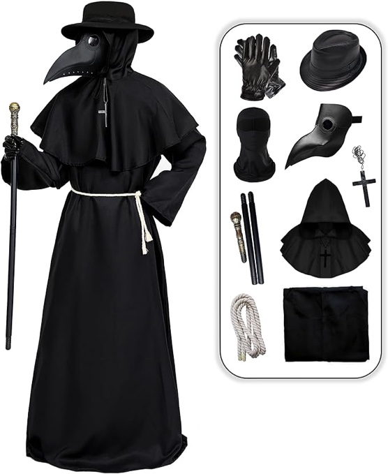 Mecamelon Adult Plague Doctor Costume Halloween Cosplay Medieval Monk Outfit Cloak Robe (Black, Large Adult)