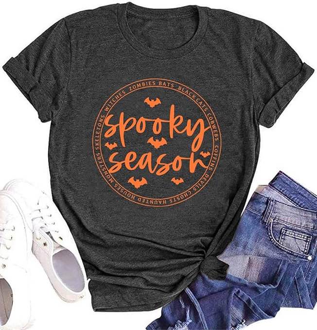 Spooky Season Shirt Women Halloween T-Shirt Funny Witch Bat Graphic Tee Short Sleeve Fall Shirt Tops (XXL)