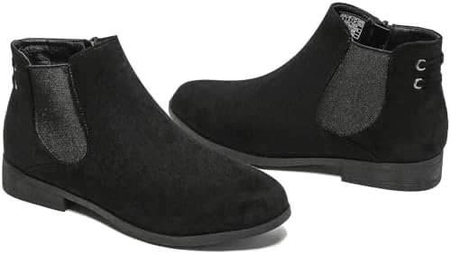 kufeiti Black Ankle Boots for Women Slip On Flat Low Heel Boots Comfy Round Toe Elastic Chelsea Bootie With Side Zipper(Black, US8)