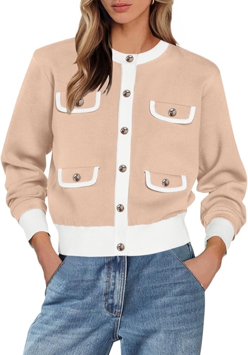 (Large) MEROKEETY Women's Long Sleeve Knit Cardigan Sweaters Crew Neck Button Color Block Fall Outerwear Jacket