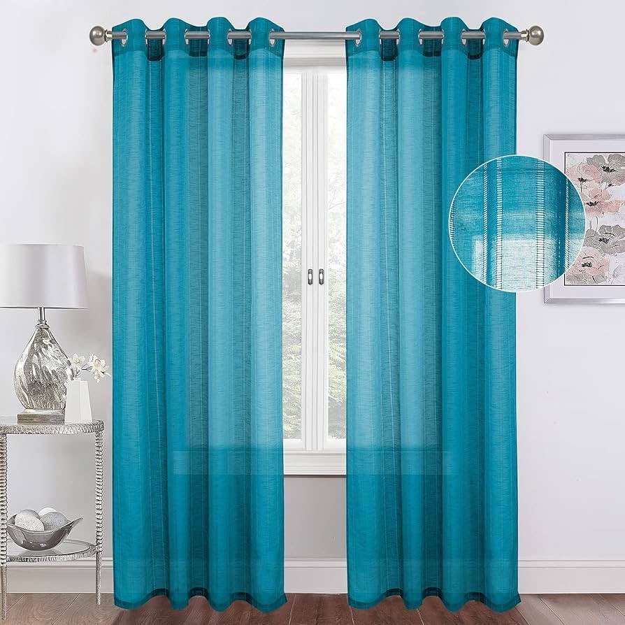 Tony's collection Teal Sheer Curtains 63 Inch Length 2 Panels, Fancy Holly Stripe 540D Voile Sheer Drapes Grommet Girls Boys Bedroom for Laundry Basement Windows(52x63 Inch, Teal, 2 Panels)