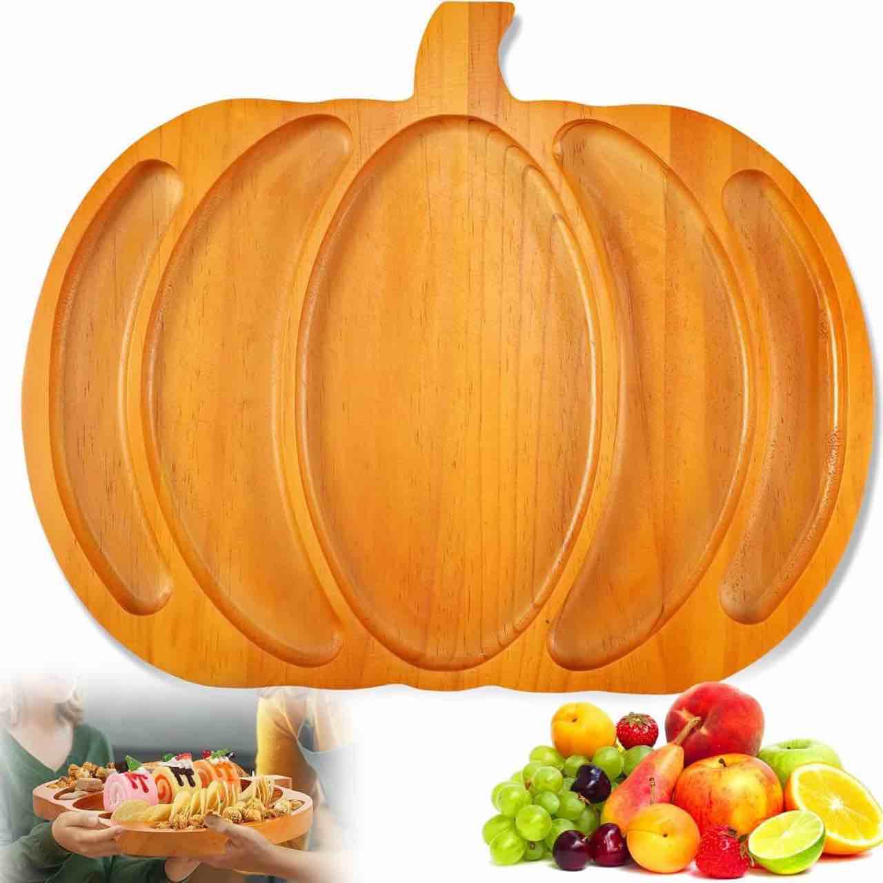 Pumpkin Shaped Bamboo Wood Tray,Fall Harvest Large Pumpkin Wooden Serving Platter 15x12 in Pumpkin Snack Fruit Meat Cheese Board Rustic Angle Shape Charcuterie Board Sectional Dish Plate