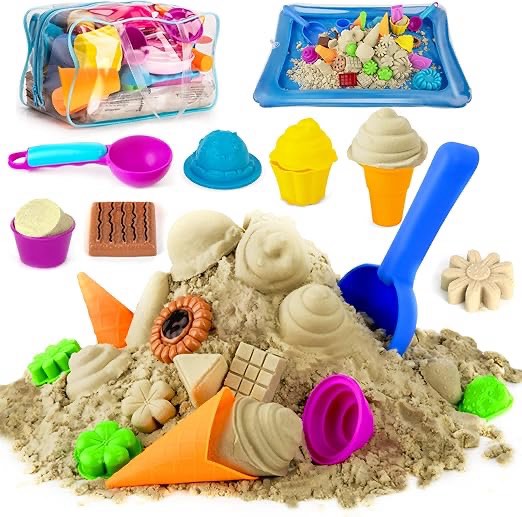 Play Sand Ice Cream Kit, 3 Lbs Magic Sand, 28 Pieces Ice Cream Cake Cookies Sand Mold Tools, Sand Tray and Storage Bag, Sandbox Toys for Toddlers, Kids, Boys and Girls