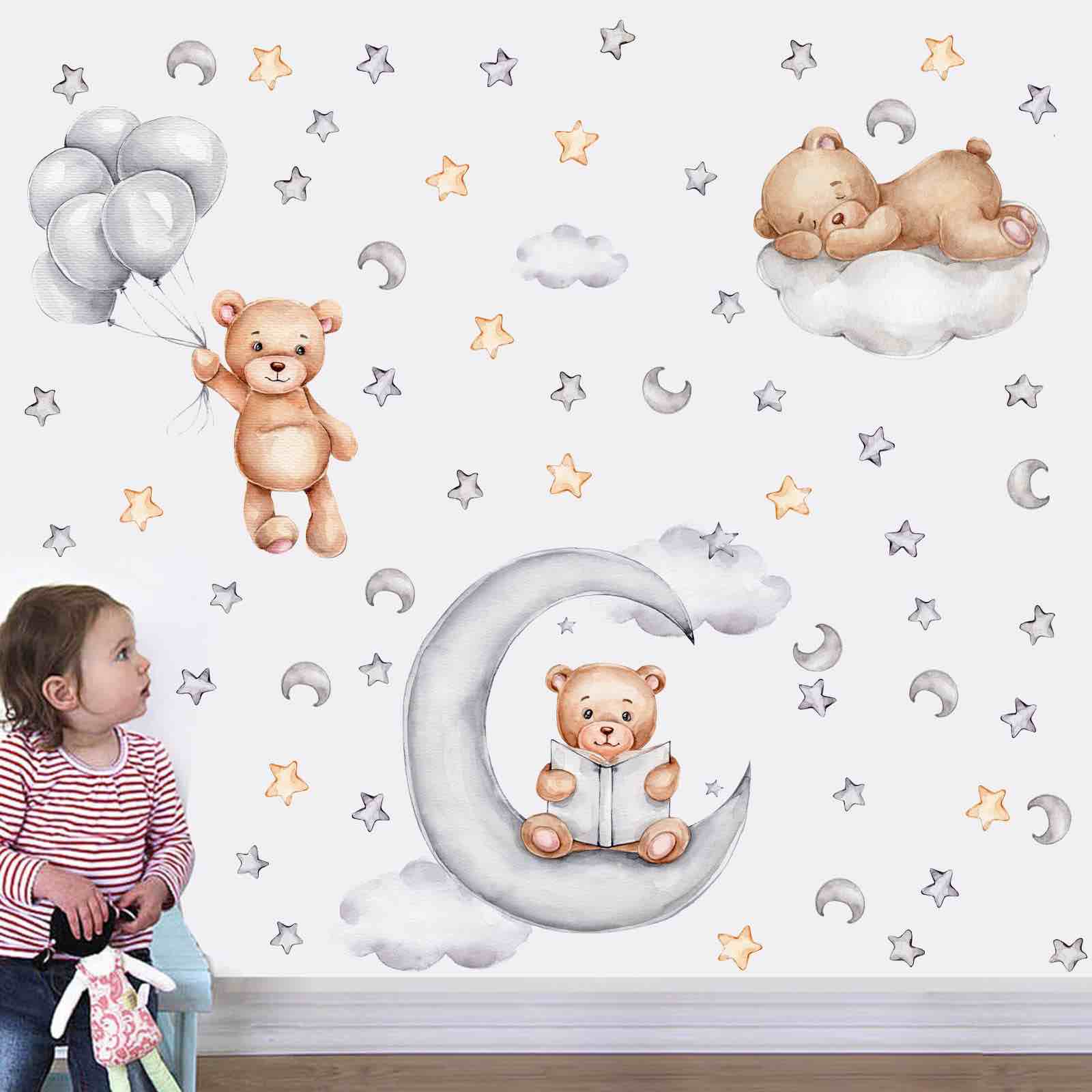 RUIPBOTE Bear Sleeping on the Moon and Stars Wall Stickers for Kids Baby Room Decor Sweet Dream Moon Hot Air Balloon Star Baby Nursery Decor Baby Shower Room Interior Decor Kid Bedroom Playroom Wall Decals (Reading bear)