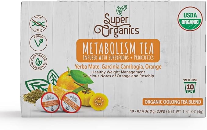 Super Organics Metabolism Oolong Tea Pods With Superfoods & Probiotics Keurig K-Cup Compatible Weight & Metabolism, Slim Tea USDA Certified Organic, Vegan, Non-GMO, Natural & Delicious Tea, 10ct