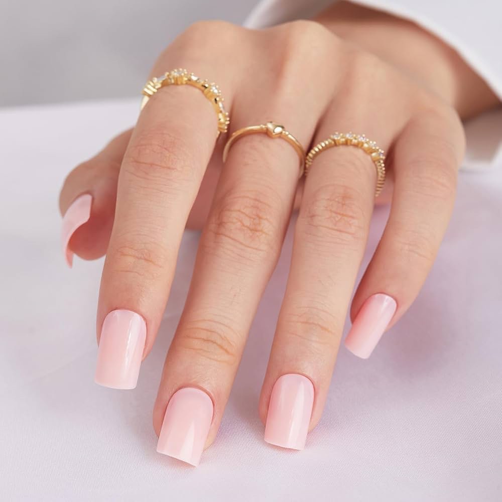 Medium Press on Nails, Glossy Gel Square Acrylic Fake Nails, Pure Color Supremely Natural Fit Reusable Glue/Stick On Nails for Women Nail Art Kit, 12Sizes 24pcs
