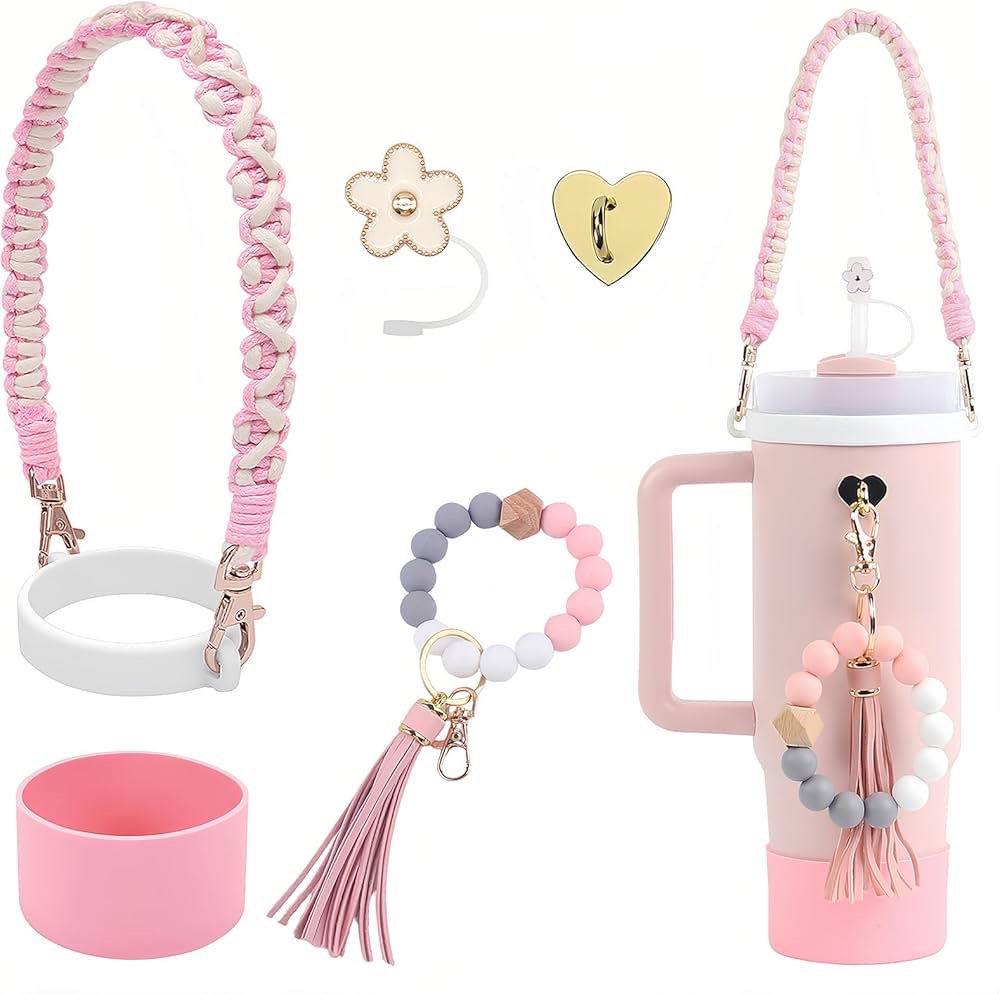 CHARMARK Stanley Cup Accessories Set, Stanley Cup Water Bottle Handle Strap with Ring, Silicone Straw Covers 06.pink