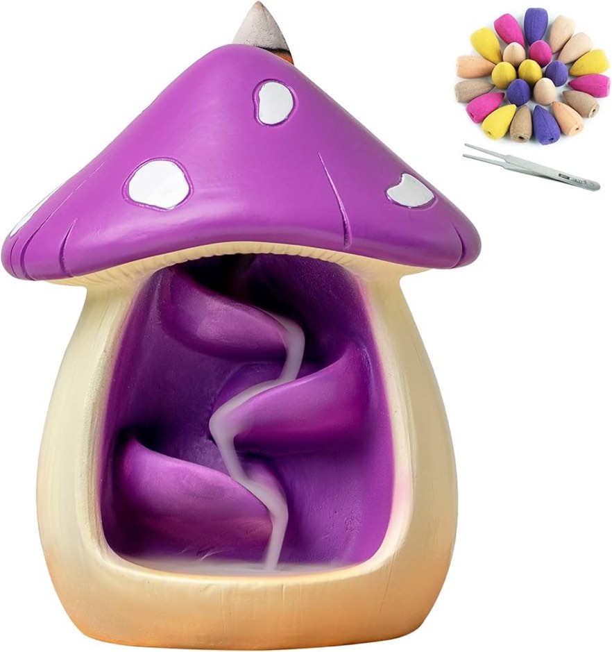 Cute Mushroom Incense Holder with 60 Incense Cones, Handmade Waterfall Backflow Incense Burner, Nature Theme Incense Burner, Adorable Home Decoration, Cottagecore Decor Accessories(Purple)