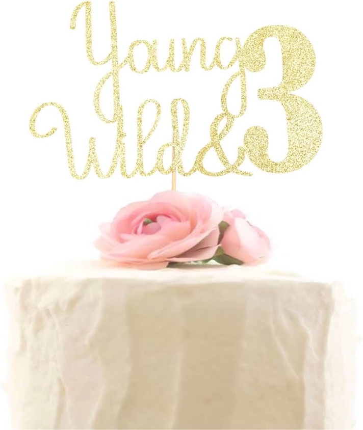 Young Wild and Three Cake Topper, Forest Woodland Campfire Themed Party Cake Decor, Gold Glitter 3rd Birthday Cake Decorations Supplies