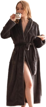COOVA Women's Faux Rabbit Fur Bathrobe Shawl Collar and Hooded,Lounge Sleepwear Robe Side Pockets Grey Small