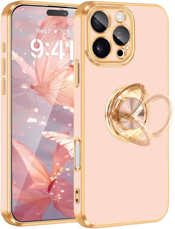 DREOLA Magnetic for iPhone 16 Pro Max Case with Ring Stand, Plated Soft TPU Cover Microfiber Lining, Support Magnetic Car Mount Rotatable Finger Grip Holder Slim Phone Case for iPhone 16 Pro Max Pink