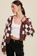 MEROKEETY Women's Cropped Cardigan Sweater Plaid Long Sleeve Button V Neck Open Front Knit Outerwear