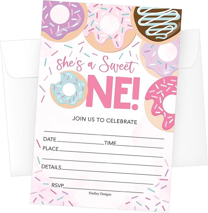 Hadley Designs 15 Donut First Birthday Party Invitations for girls-Sweet One Donut Invitation Cards