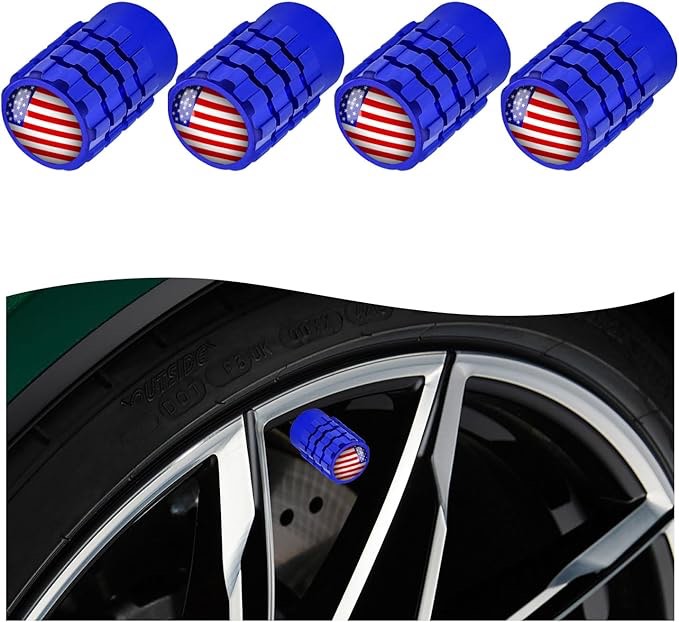 Dickno 4 PCS Tire Valve Stem Caps, Leakproof Car Tire Air Valve Stem Covers with Rubber Ring, Corrosion Resistant Auto Tire Valve Stem Cap Cover, Universal Vehicle Accessories (Blue, Black US Flag)