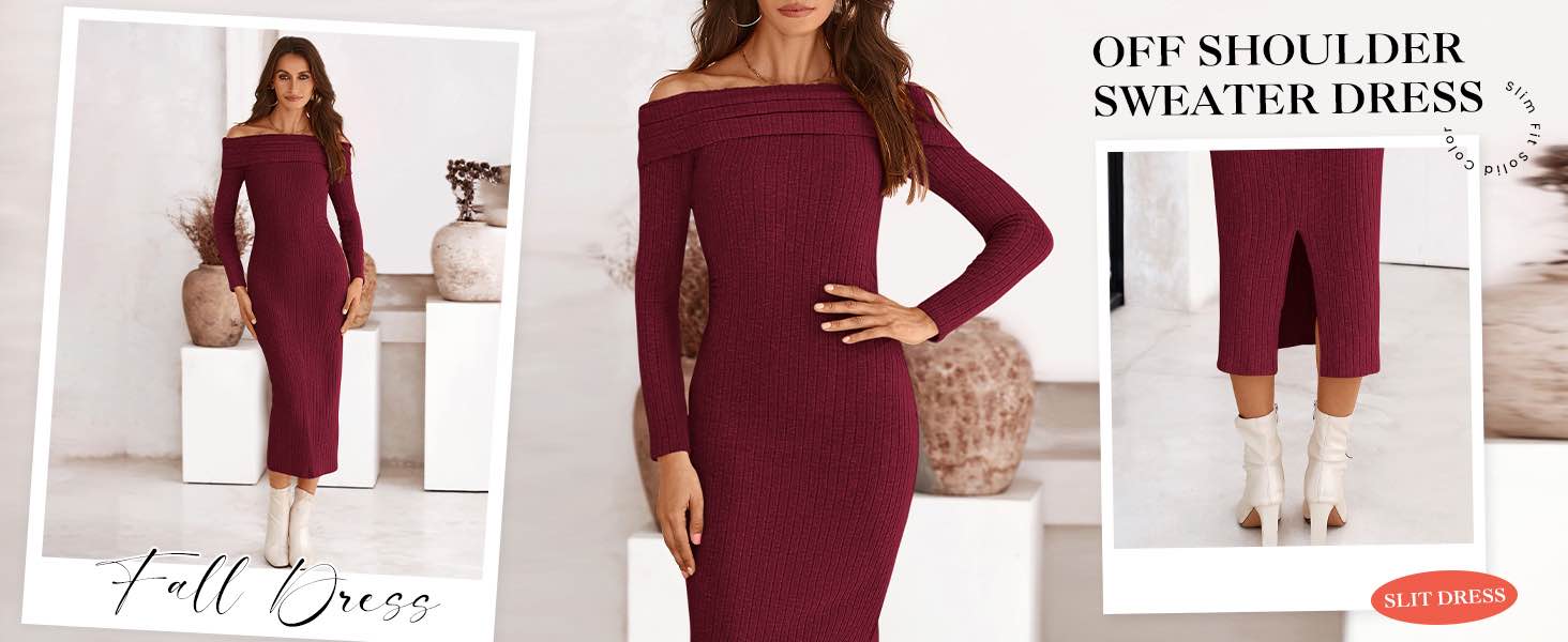 (Size XL) PRETTYGARDEN Women's Fall Dresses 2024 Sexy Off Shoulder Long Sleeve Bodycon Ribbed Knit Club Weddin