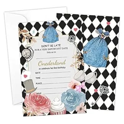 HOUSPEAK Floral Onederland Birthday Invitation Filler Cards with Envelopes (20 Count)? Mad Hatter Tea Party Supplies for Kids, Teens or Any Age Boys and Girls - A04