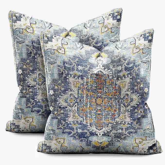 Boho Throw Pillow Covers Vintage Blue Yellow Pattern Bohemian Style with Floral Square Pillowcase Linen Cushion Cover Farmhouse Decorative Pillowcase for Sofa Sofa Bedroom Pack of 2 18 x 18 Inch