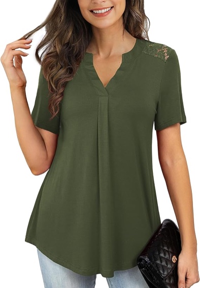 (Size 2X) OmicGot Women's Plus Size Tops Casual Blouse Short Sleeve Lace Pleated Tunic Tops M-4XL