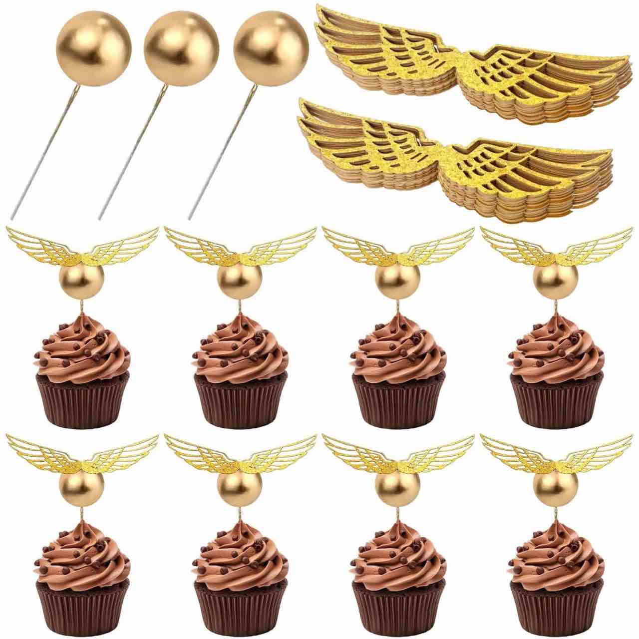 Lcnjscgo 24PCS Wizard Cupcake Toppers, Magical Wizard Golden Wings Birthday Party Cake Decorations Supplies for Kids Boys Girls Baby Shower