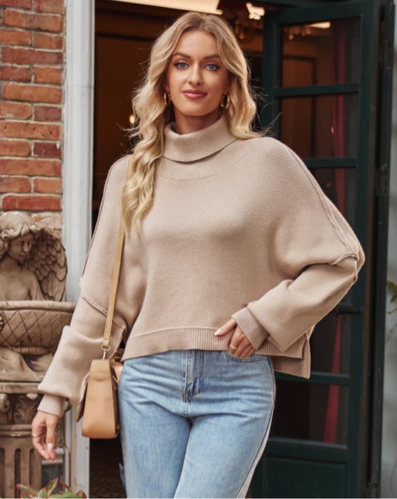 (x-large) merokeety women's 2024 turtleneck cropped sweater casual lantern sleeve oversized knitted pullover fall outfit beige xl