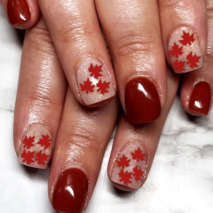 24pcs fall press on nails short square fake nails red glitter full cover glue on nails glossy artificial thanksgiving nails maple leaf false nails autumn leaves stick on nails for women stick on nails