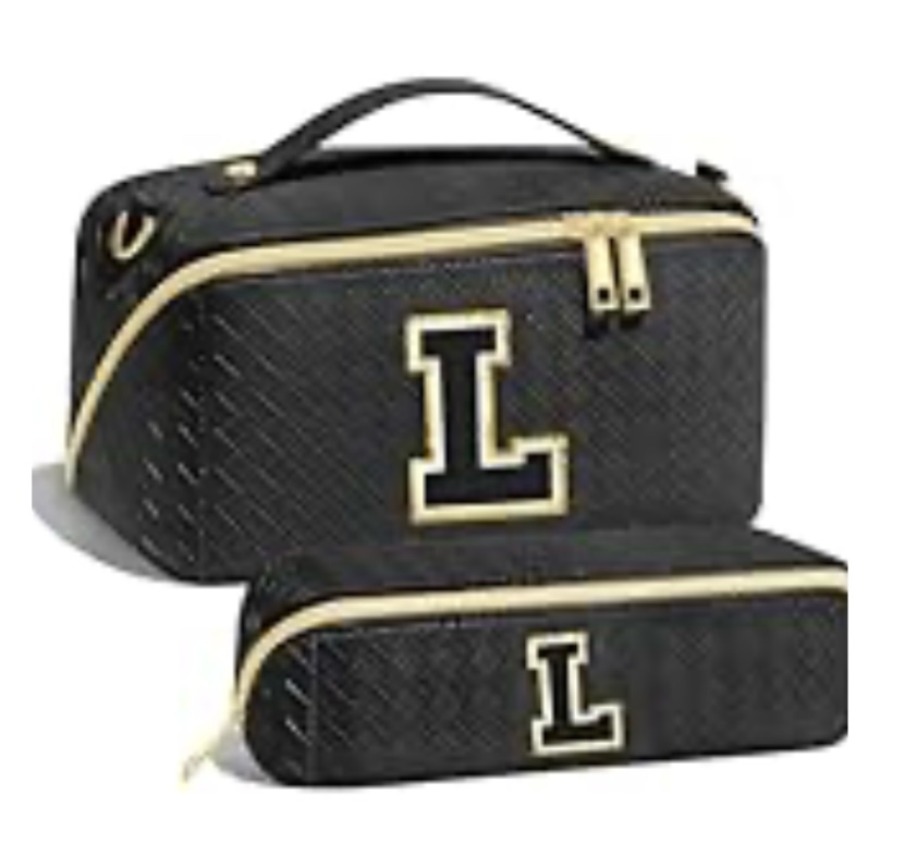 (Letter N) YOOLIFE Initial Travel Makeup Bag - Make Up Bag PU Leather Cosmetic Bag Travel Toiletry Bag for Women Cute Makeup Bag Black Make Up Bags for Women Large Makeup Bag Unique Birthday Gifts Black N