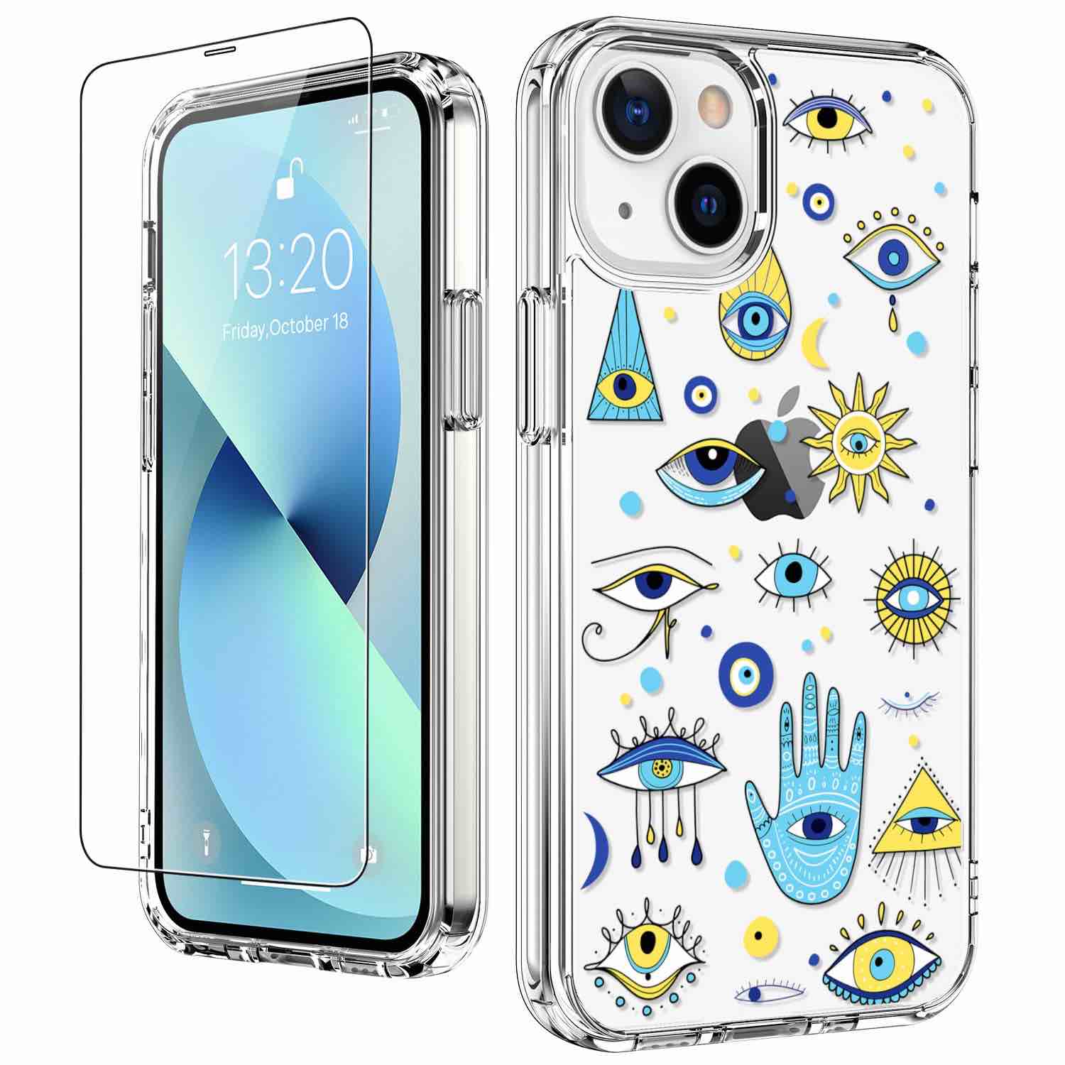 LUHOURI Designed for iPhone 13 Case with Screen Protector - Crystal Acrylic Clear for Women and Girls - Slim Fit Protective Phone Cover 6.1" - Designer Eyes