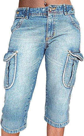 (Size M) Flamingals Women's Flap Pocket Capris Jeans Mid Waist Casual Pants