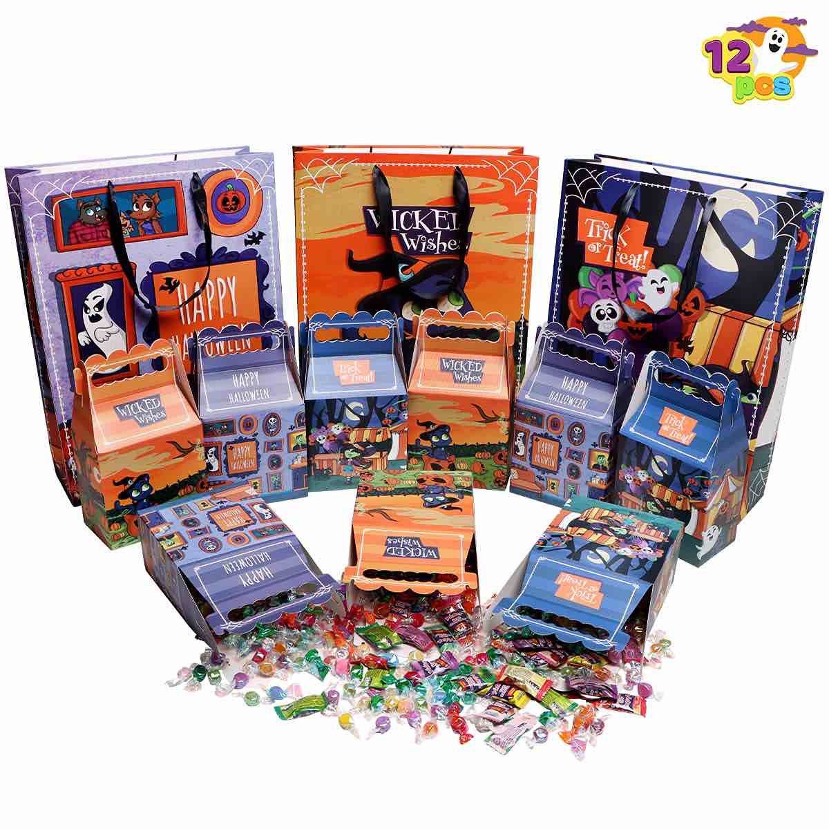 JOYIN 12 PCS Halloween Treat Set - 9 Mini Boxes and 3 Large Cardboard Paper Tote Bags for Trick or Treat, Goodie Bags for Gift, Kids Party Favor