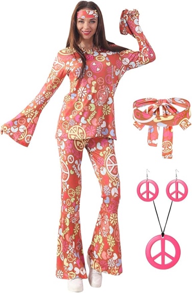 YEAXLUD 70s Women Hippie Costume Accessories Set Peace Sign Earring Necklace Headband,Boho Flared Pants Hippie Shirt (XXL)