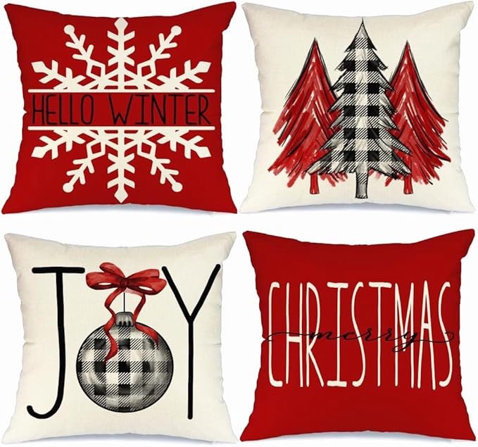Christmas Outdoor Pillow Covers, 18 x 18 inch Set of 4 Waterproof Throw Pillow Cases, New Year Cushion Decor for Home Outside Patio Front Porch House Farmhouse 2024(Style C)