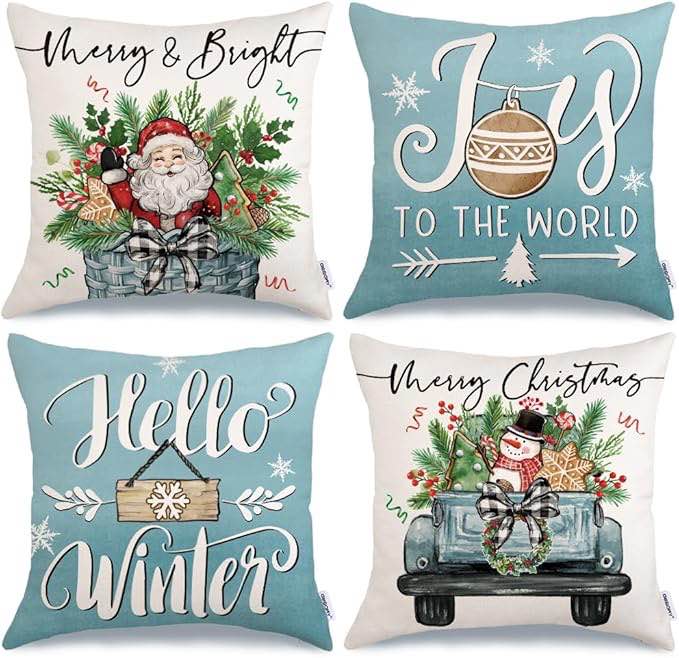 GEEORY Merry Christmas Throw Pillow Covers 18x18 Inch Set of 4, Santa Snowman Truck Mistletoe Hello 