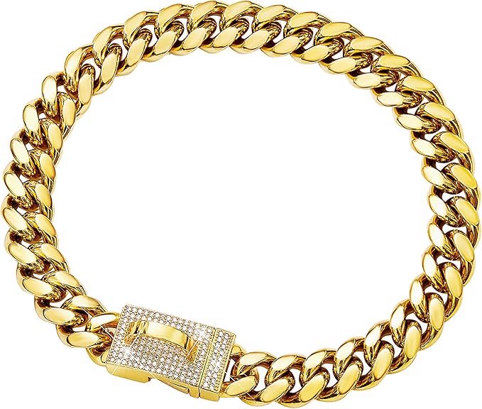 Gold Dog Chain Collar Metal Chain Collar with Cubic Zirconia Design Secure Buckle, 18K Cuban Link Chain Heavy Duty Chew Proof Walking Collar(14MM, 18")