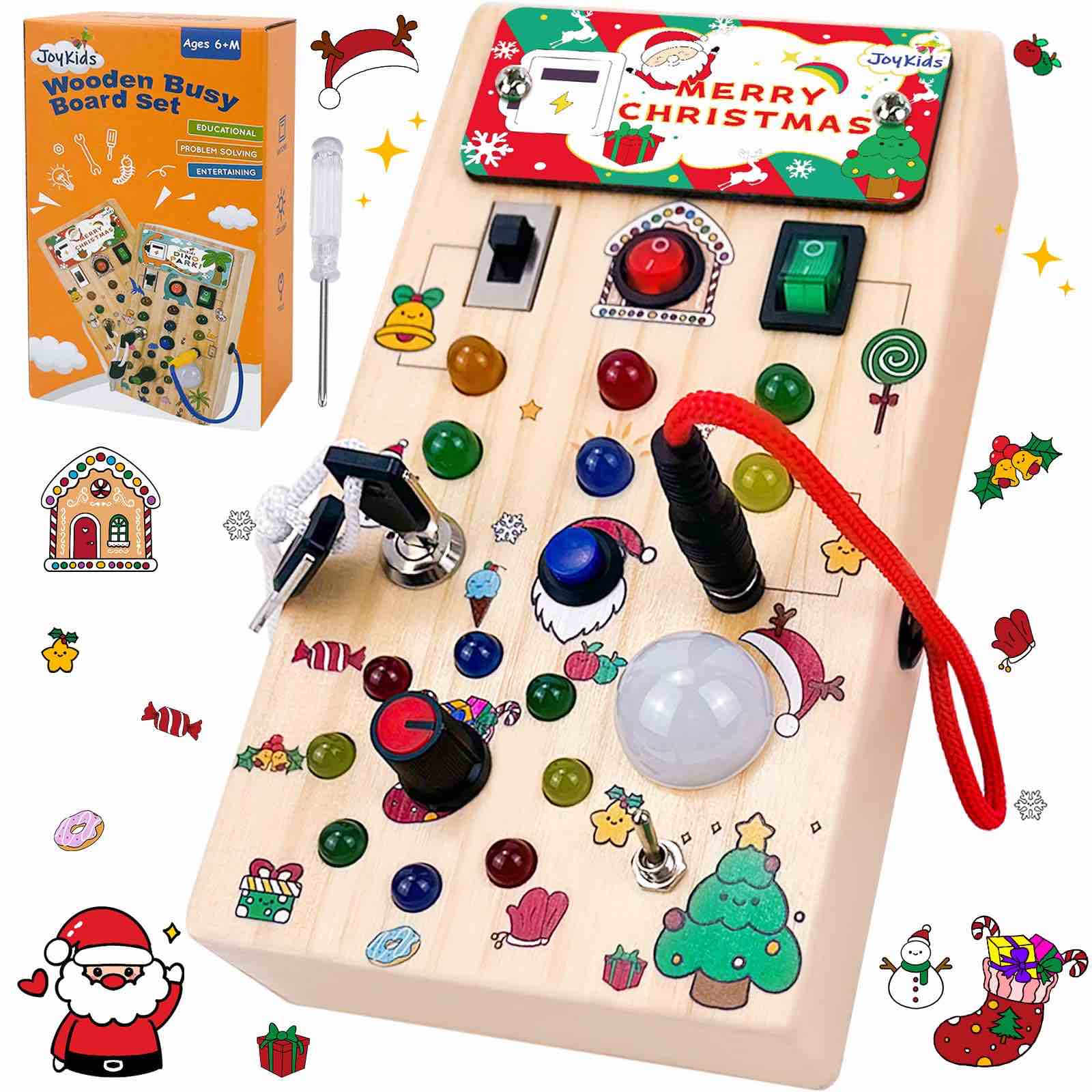 Montessori Busy Board for Toddlers 1-3, Baby Sensory Board, Led Light Switch Travel Toy, Wooden Toy for Toddler Activity, Road Trip Essentials, Christmas Birthday Gift for 1+ Toddler (Christmas)
