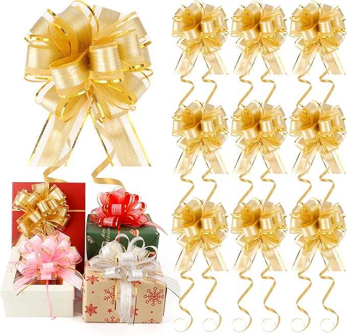 10 Pcs Pull Bows Gift Wrapping Gold 6 Inch Gift Bows?Halloween Christmas Bows for Gift Wrapping?Mother's Day, Wedding Baskets Decorations?Valentine's Day Birthdays Gift Decor for Present(Gold)