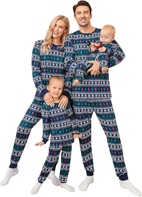PopReal Christmas Pajamas for Family, Matching Family Christmas PJs Sets Blue Elk Tree Printed Top Sleepwear