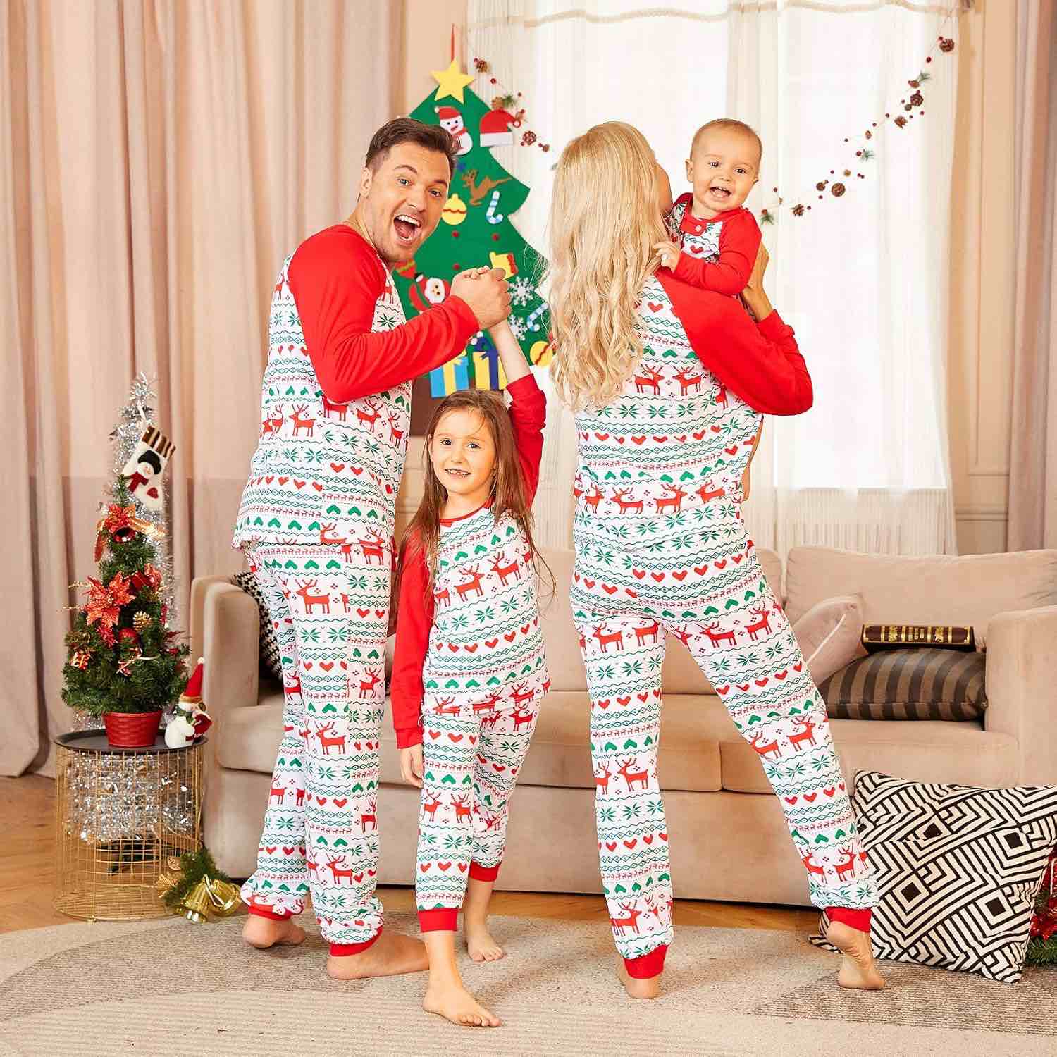 PopReal Christmas Pajamas for Family, Matching Family Christmas PJs Sets Red Elk Tree Printed Top Sleepwear