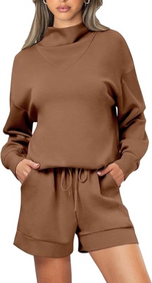 Kenaque Women 2 Piece Outfits Sweatsuits Casual Cowl Neck Sweatshirt & Lounge Shorts Tracksuit Sets Fashion Clothes
