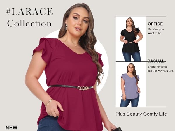 (Medium) LARACE Summer Plus Size Tops for Women Short Sleeve Sqaure Neck T-Shirts Casual Work Shirts Loose Fit Tee(Medium,R-Fushia)
