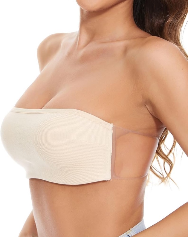 JUST BEHAVIOR Strapless Backless Sticky Self Adhesive Lace Ribbed Everyday Base Bras for Womens Beig