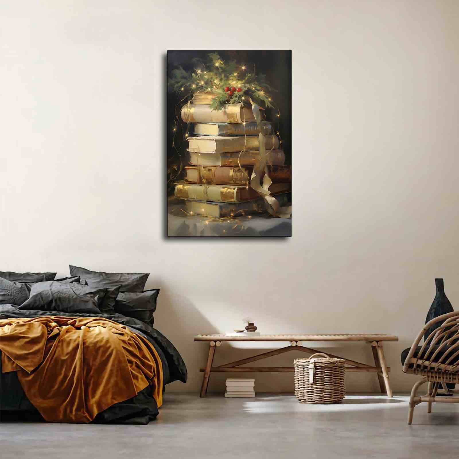 HTCARWAT Vintage Christmas Wall Art Winter Botanical Books Christmas Gifts Canvas Poster Room Aesthetic Wall Decor for Gallery Living Room Bathroom (12x18inch Unframed)