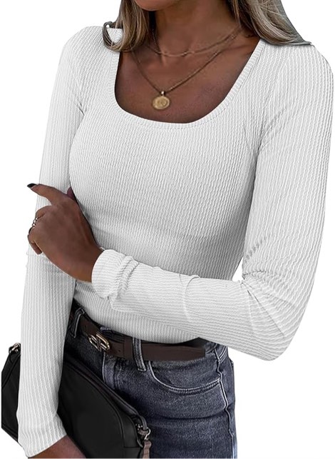 (Pink) ZANZEA Womens Long Sleeve Shirts Square Neck Ribbed Tops Slim Fitted Casual Basic Tee Shirts