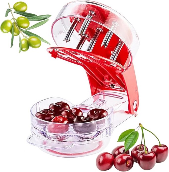 Cherry Pitter,Cherry Pitter Tool Pit Remover,Cherry Seed Pit Remover, Olive Cherry Pitters Multiple Machine Quick Push Pull 6 Hole Seed (Red)