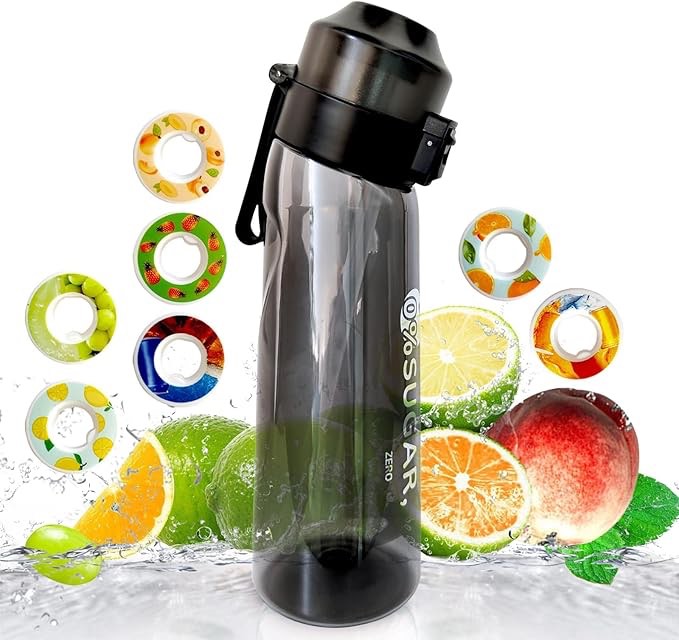 Air Water Bottle,650ML Scent Water Cup with 7 Flavour Pods,Leak Proof Sports Water Cup with Straw Suitable for Outdoor Sports,Gifts From Friends, Birthday Gifts (Black+7Pods)