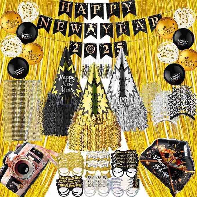JellyArch 222 Pcs New Years Eve Party Supplies 2025 Bulk Happy New Year Decorations Kit for 100/50/36/24 Guest Include Glasses Hat Tiara Headband Noise Maker Bead Necklace Balloon Foil Curtain Banner