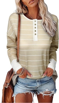 (Large) EVALESS Long Sleeve Tops for Women Trendy Striped Button Up Tunic Shirts Loose Fit Sexy Henley Tee Blouses