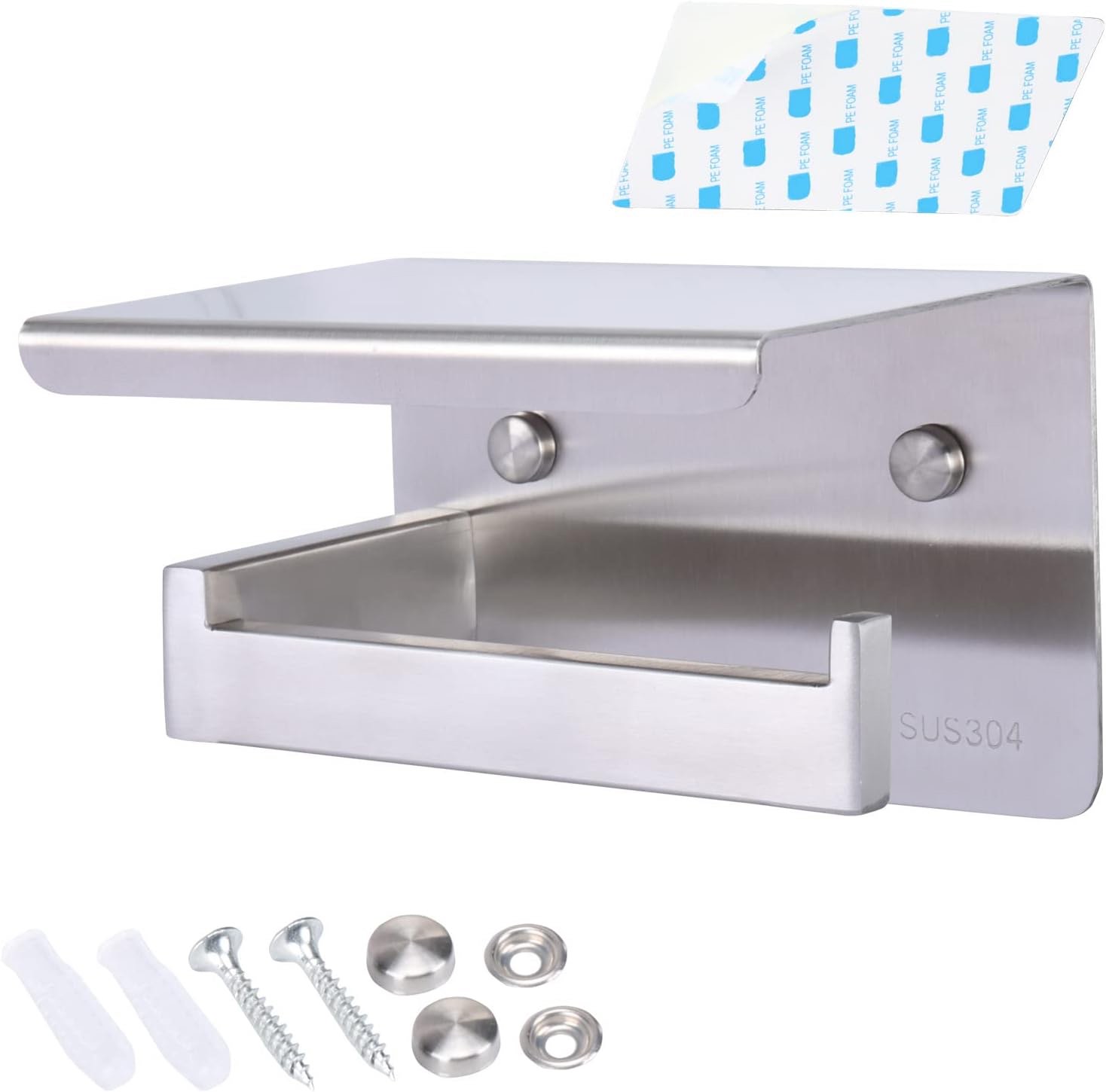 Vanloory Toilet Paper Holder with Shelf, SUS304 Stainless Steel Anti-rust Paper Roll Holder, Drilling or Adhesive Tissue Paper Holder, Fit Big Roll Toilet Paper Dispenser Wall Mounted (Brushed Nickel)