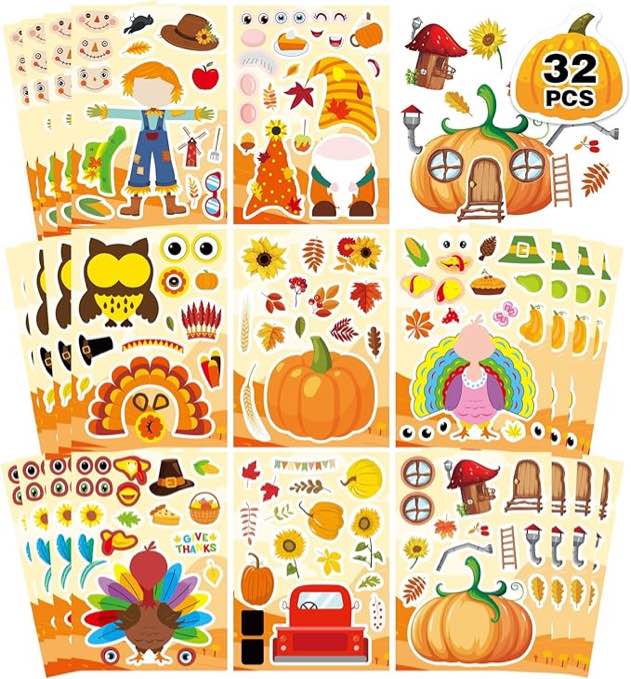 Thanksgiving Party Pack: 32 Sheets of Turkey Face & Harvest Stickers, Decorations & Games