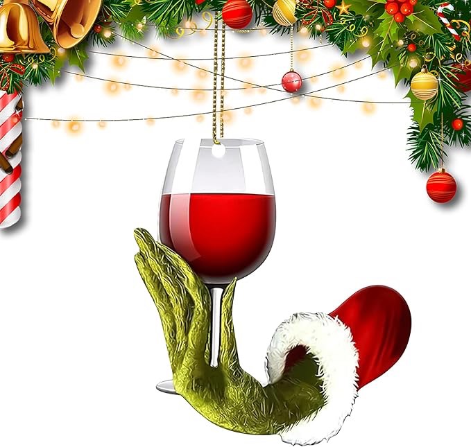 christmas ornaments 2025 - funny wine cup green hanging decorations for tree, 2d acrylic christmas tree pendants, indoor holiday decor, party decorations, unique for wine lovers