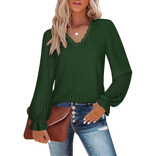TCOT Women's Long Sleeve Shirts V Neck Lace Tops Business Casual Tops Dressy Blouses Work Shirts